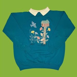 Valorie’s Folk Art Appliqué Birdhouse Vintage Sweater XL